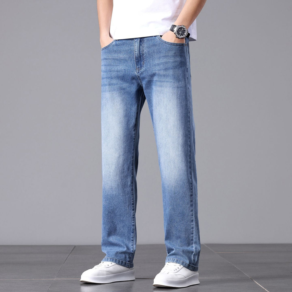 Męskie jeansy o luźnym kroju z prostymi nogawkami-Pants for Men-Olave