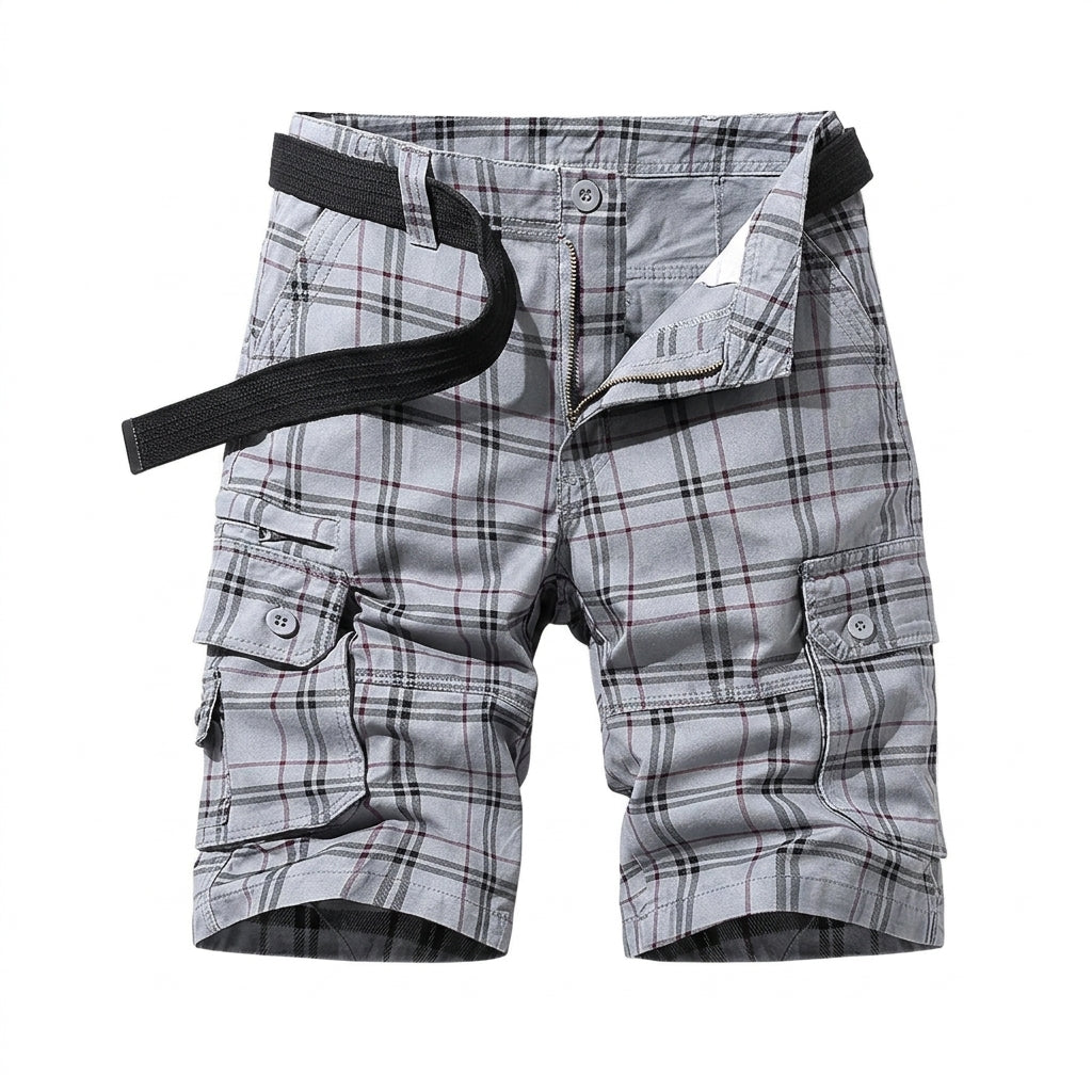 Męskie krótkie spodenki cargo w kratkę z paskiem i kieszeniami bocznymi-Shorts for men-Olave