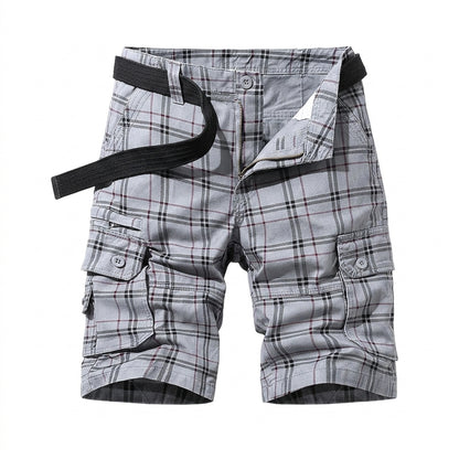 Męskie krótkie spodenki cargo w kratkę z paskiem i kieszeniami bocznymi-Shorts for men-Olave