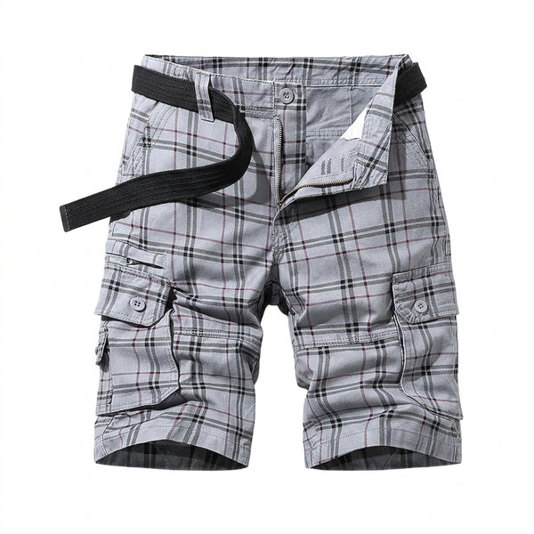 Męskie krótkie spodenki cargo w kratkę z paskiem i kieszeniami bocznymi-Shorts for men-Olave