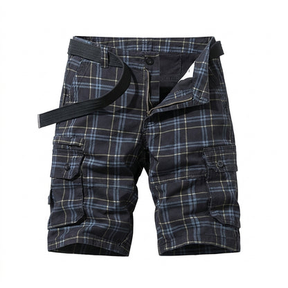 Męskie krótkie spodenki cargo w kratkę z paskiem i kieszeniami bocznymi-Shorts for men-Olave