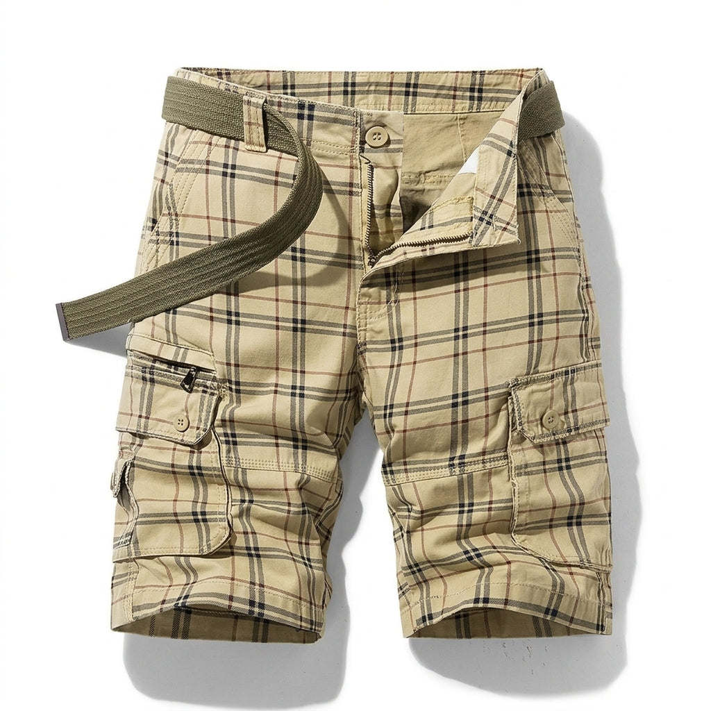Męskie krótkie spodenki cargo w kratkę z paskiem i kieszeniami bocznymi-Shorts for men-Olave
