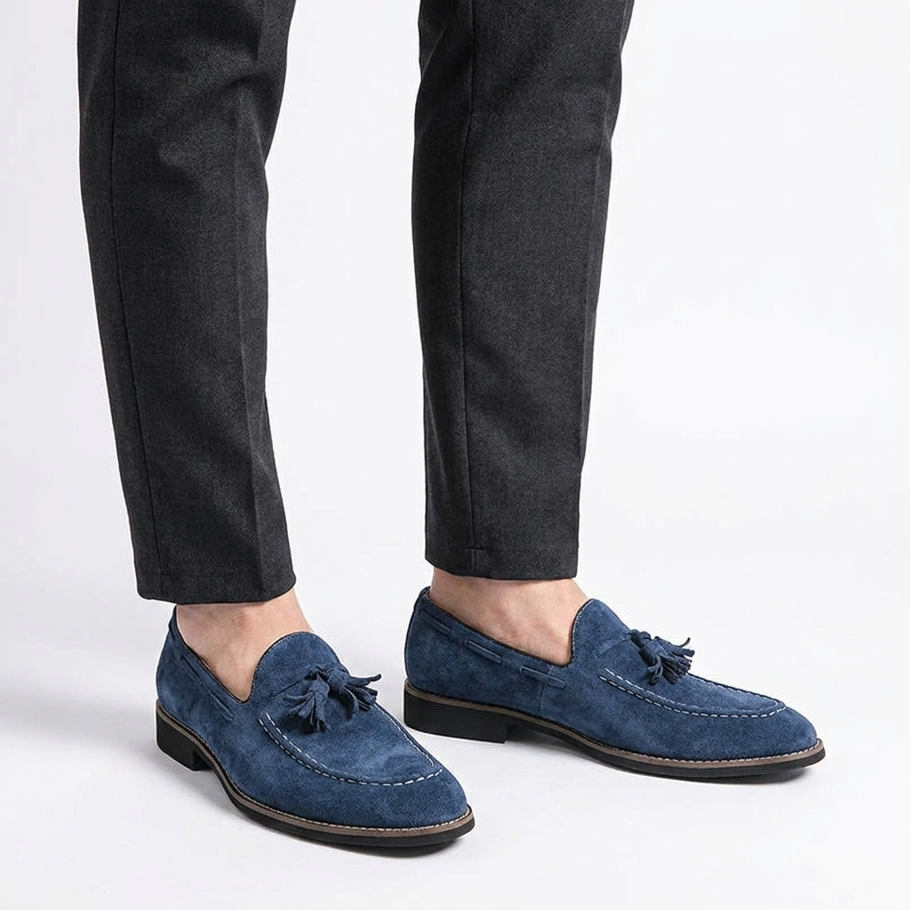 Męskie mokasyny z zamszu z chwostami i kontrastowymi przeszyciami-Footwear for men-Olave