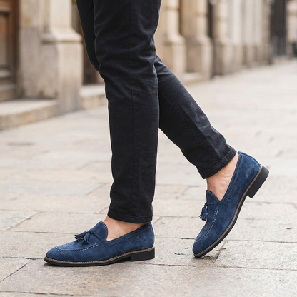 Męskie mokasyny z zamszu z chwostami i kontrastowymi przeszyciami-Footwear for men-Olave