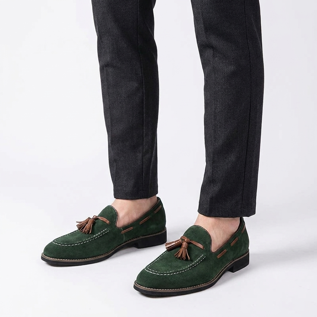 Męskie mokasyny z zamszu z chwostami i kontrastowymi przeszyciami-Footwear for men-Olave