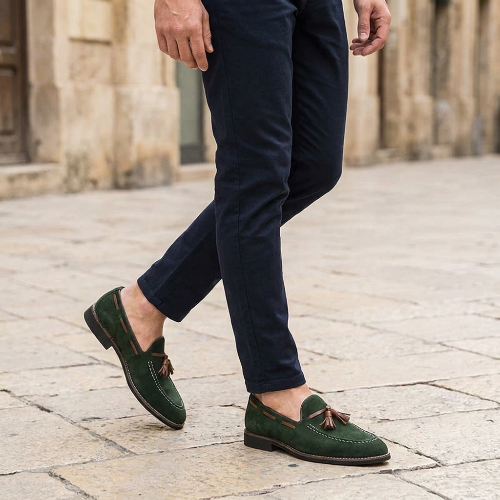 Męskie mokasyny z zamszu z chwostami i kontrastowymi przeszyciami-Footwear for men-Olave