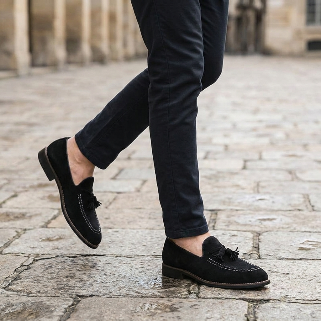 Męskie mokasyny z zamszu z chwostami i kontrastowymi przeszyciami-Footwear for men-Olave