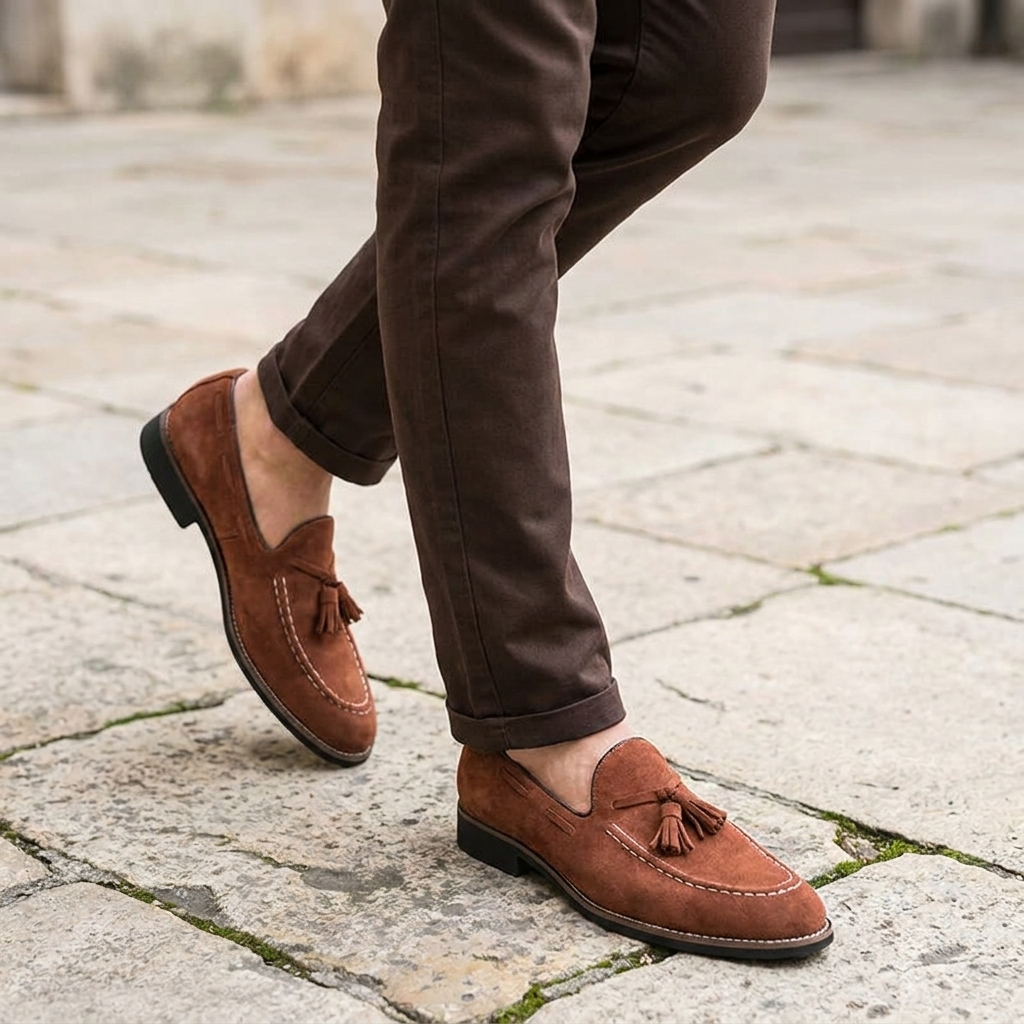 Męskie mokasyny z zamszu z chwostami i kontrastowymi przeszyciami-Footwear for men-Olave