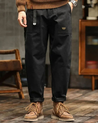 Męskie spodnie cargo z naszywanymi kieszeniami i paskiem-Pants for Men-Olave