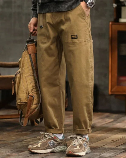 Męskie spodnie cargo z naszywanymi kieszeniami i paskiem-Pants for Men-Olave