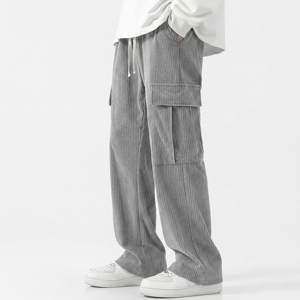 Męskie spodnie sztruksowe cargo z szerokimi nogawkami-Pants for Men-Olave