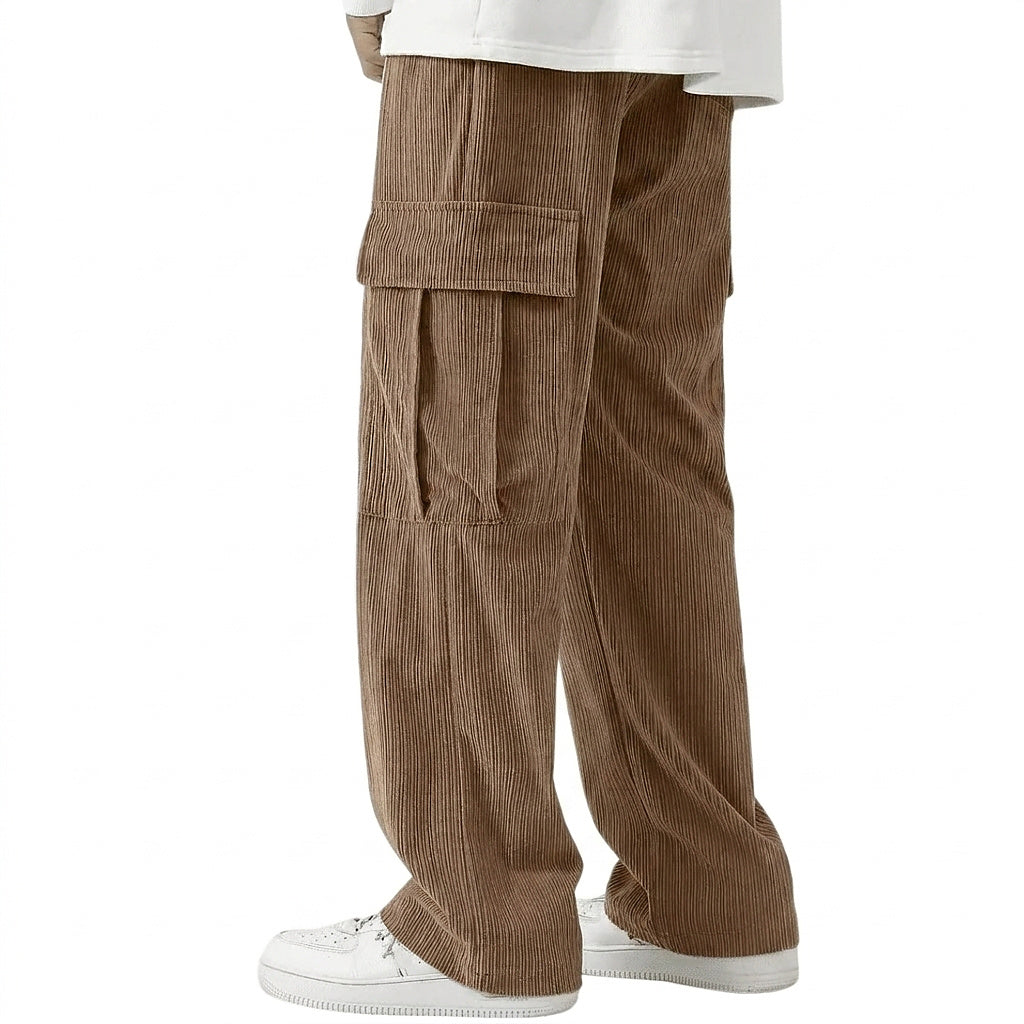 Męskie spodnie sztruksowe cargo z szerokimi nogawkami-Pants for Men-Olave