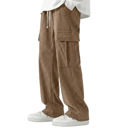 Męskie spodnie sztruksowe cargo z szerokimi nogawkami-Pants for Men-Olave