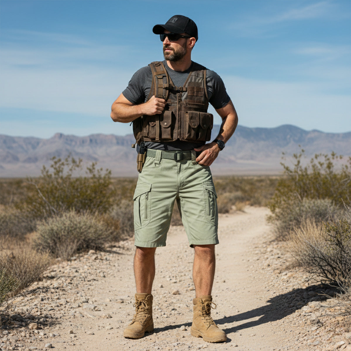 Męskie szorty taktyczne typu cargo ze zintegrowanym paskiem-Shorts for men-Olave