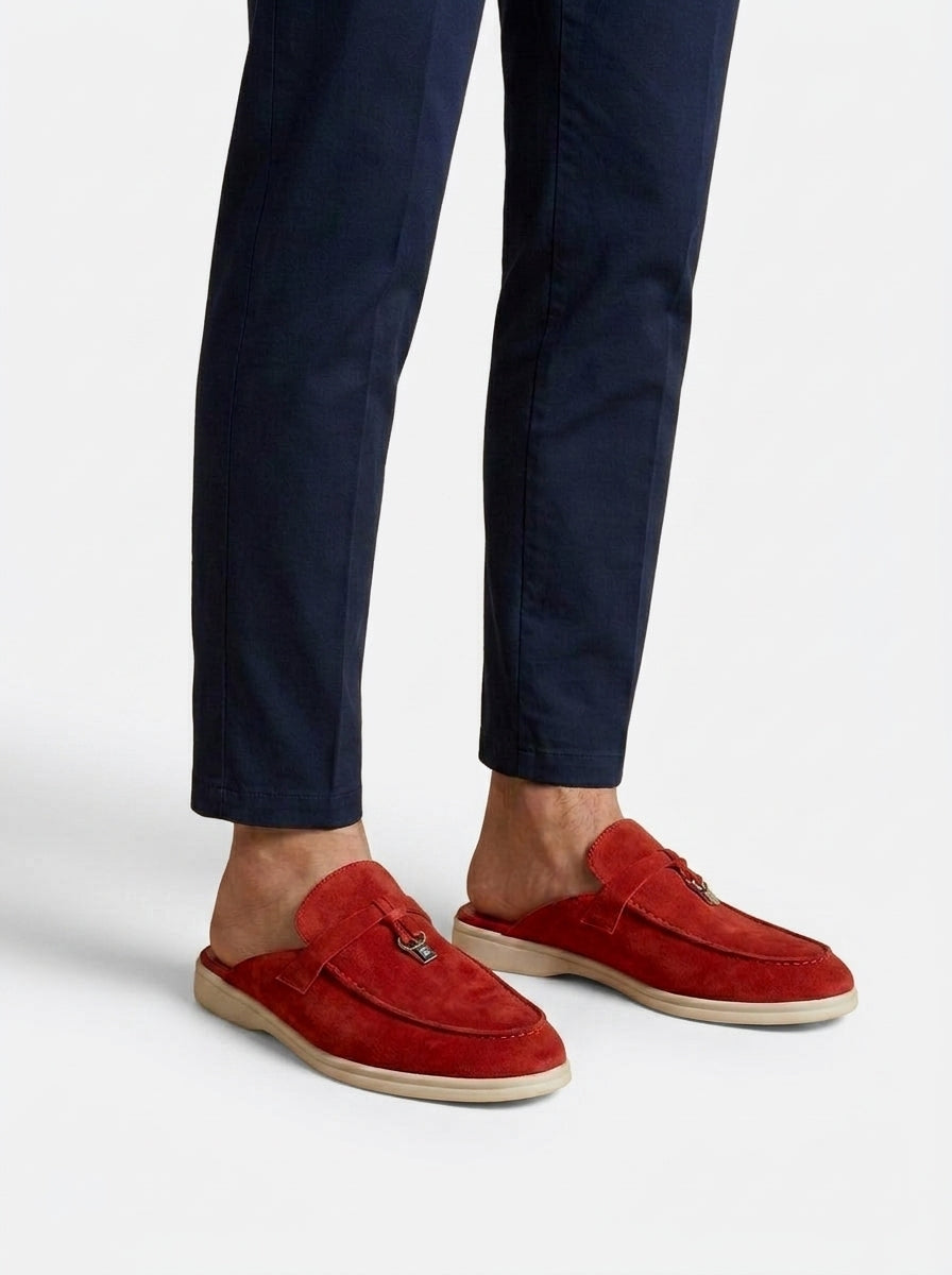 Męskie zamszowe mokasyny bez pięty z metalowym detalem i gumową podeszwą-Dress shoes for men-Olave