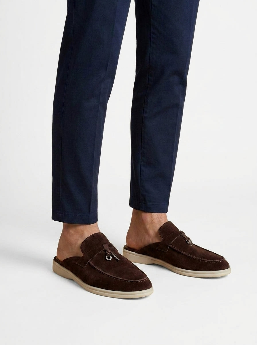 Męskie zamszowe mokasyny bez pięty z metalowym detalem i gumową podeszwą-Dress shoes for men-Olave