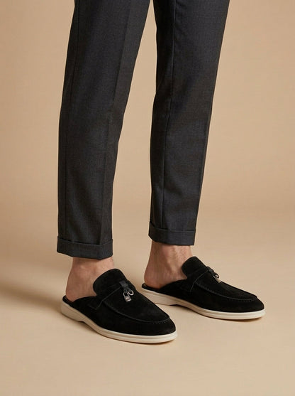 Męskie zamszowe mokasyny bez pięty z metalowym detalem i gumową podeszwą-Dress shoes for men-Olave