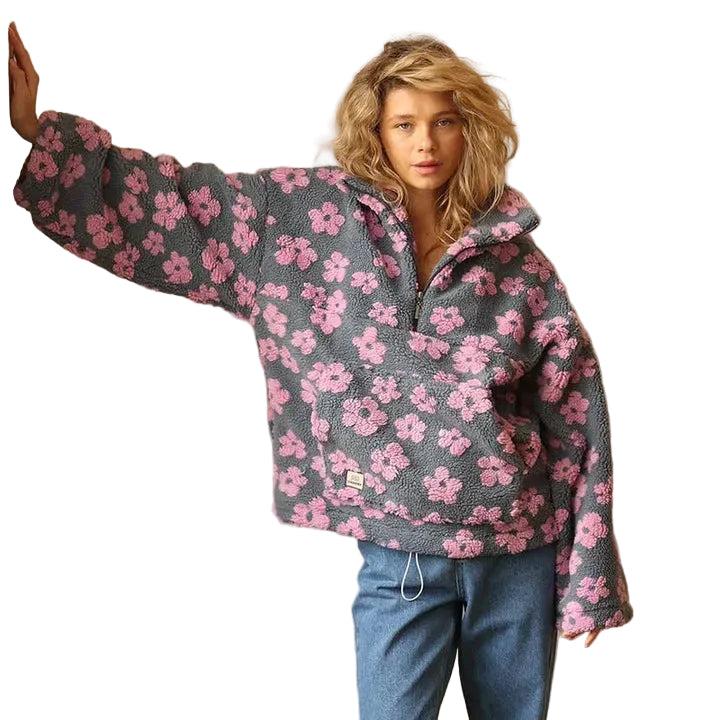 Damska Bluza z motywem kwiatowym i zamkiem pod szyją-Sweaters for Women-Olave