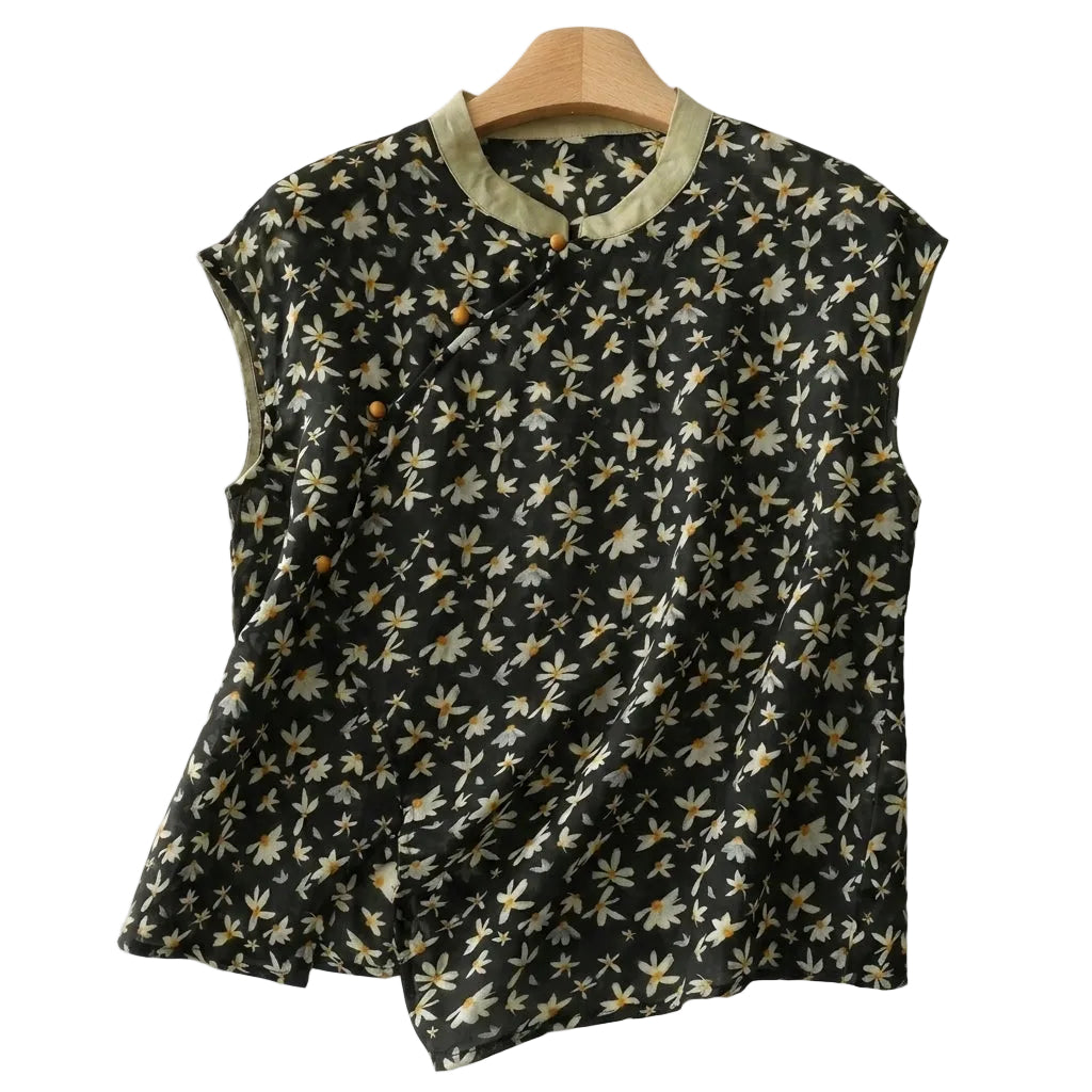 Damska bluzka bez rękawów ze stójką i asymetrycznym zapięciem na guziki-Blouses for Women-Olave