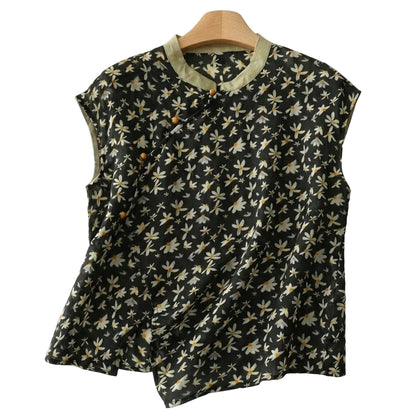 Damska bluzka bez rękawów ze stójką i asymetrycznym zapięciem na guziki-Blouses for Women-Olave