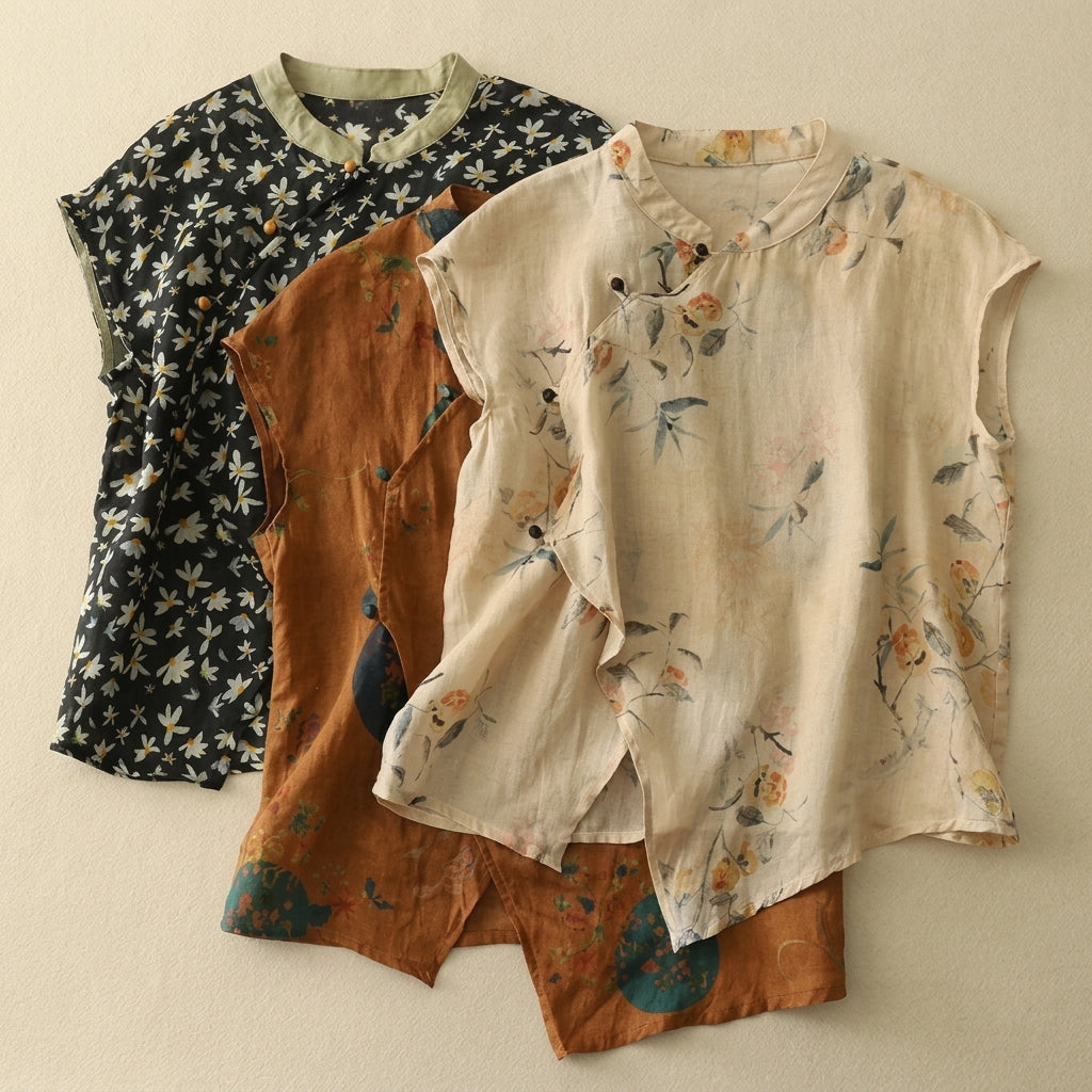 Damska bluzka bez rękawów ze stójką i asymetrycznym zapięciem na guziki-Blouses for Women-Olave