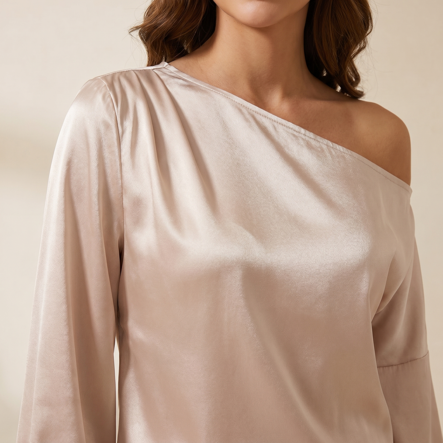 Damska bluzka na jedno ramię z bufiastymi rękawami i asymetrycznym dekoltem-Blouse for women-Olave