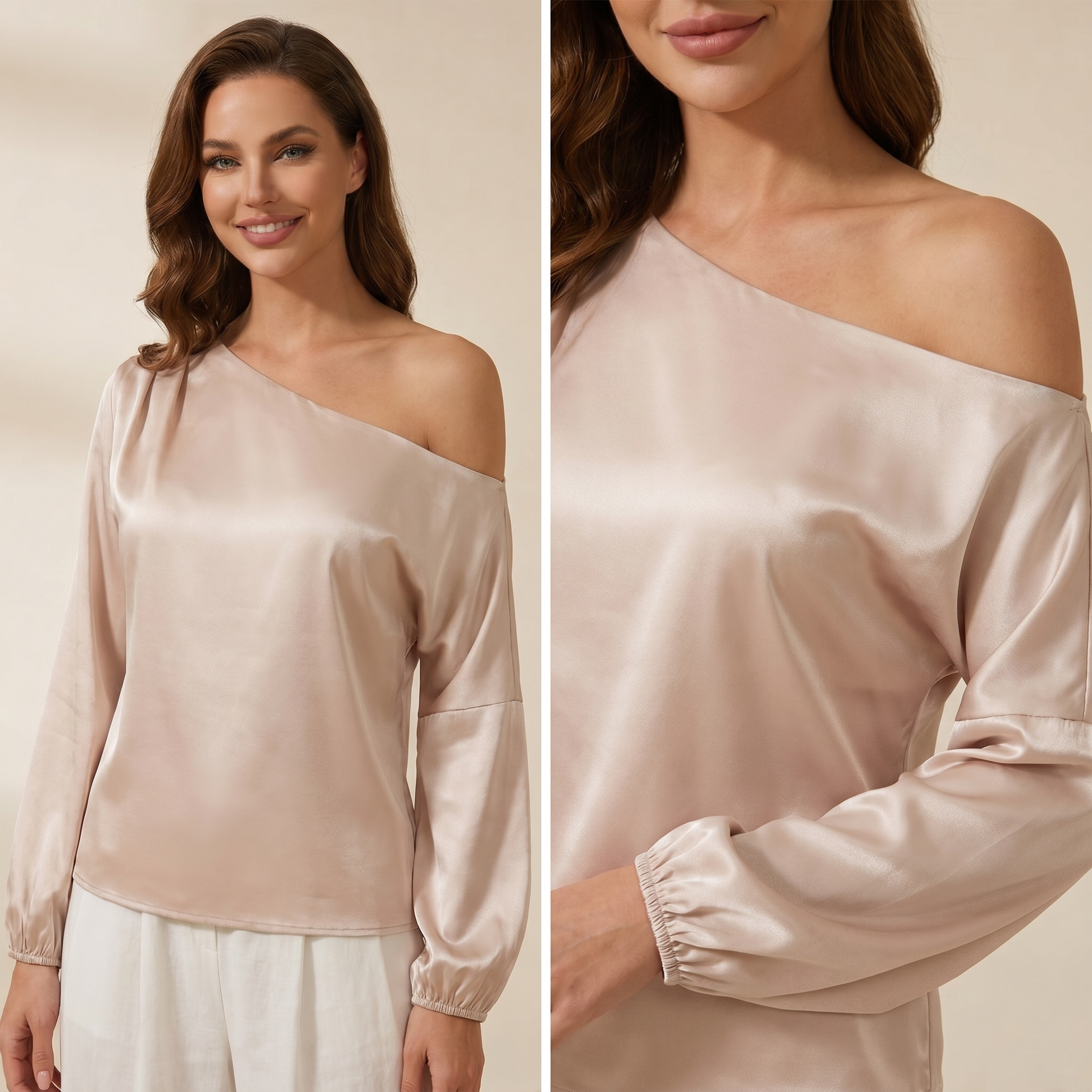 Damska bluzka na jedno ramię z bufiastymi rękawami i asymetrycznym dekoltem-Blouse for women-Olave