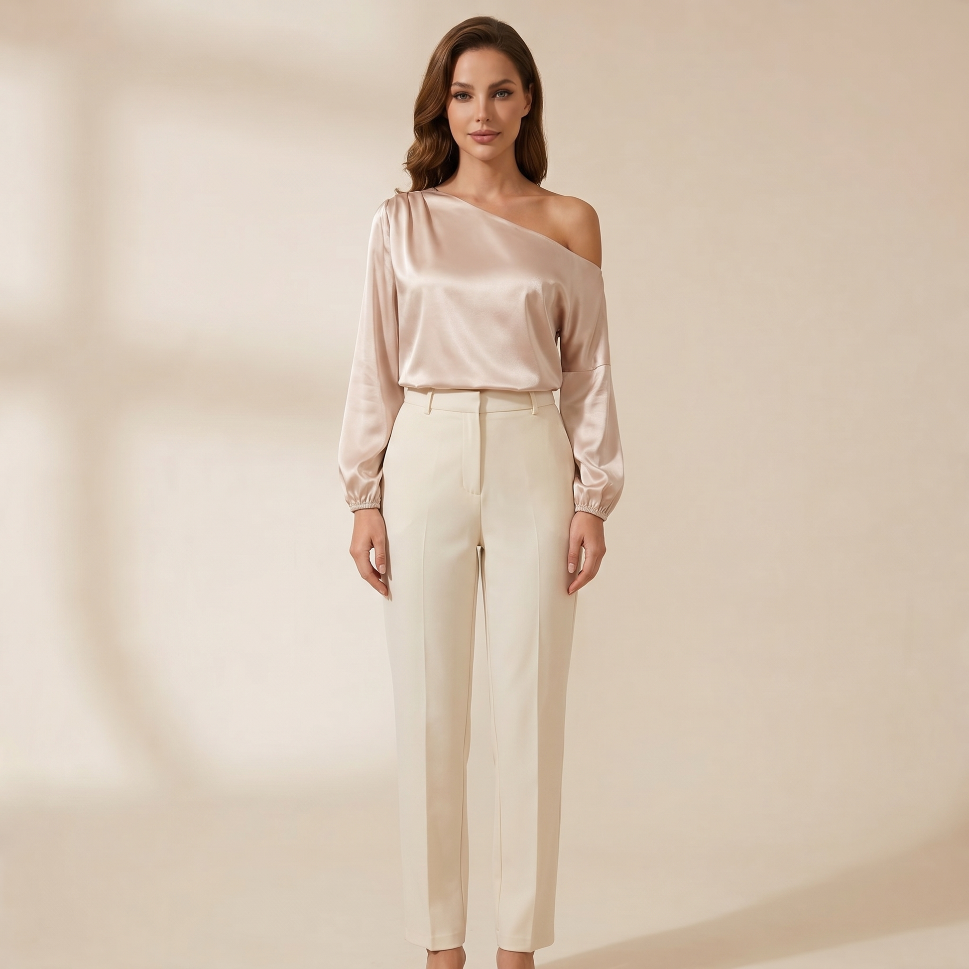 Damska bluzka na jedno ramię z bufiastymi rękawami i asymetrycznym dekoltem-Blouse for women-Olave