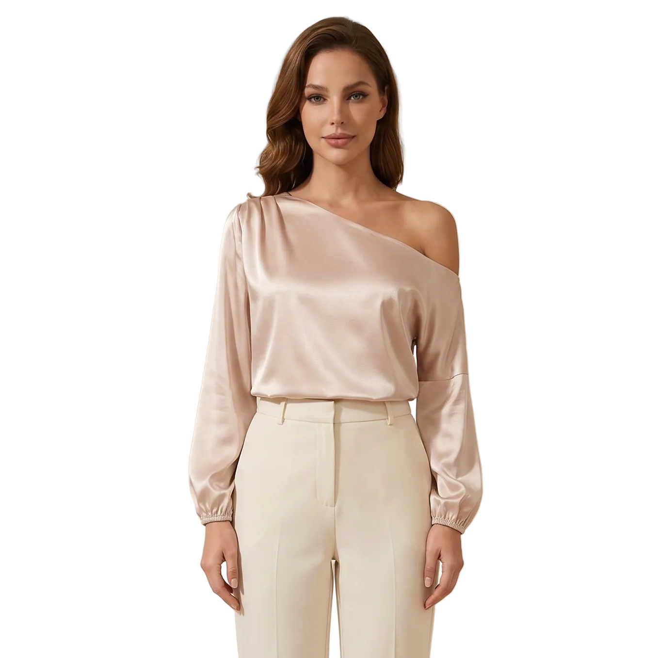 Damska bluzka na jedno ramię z bufiastymi rękawami i asymetrycznym dekoltem-Blouse for women-Olave