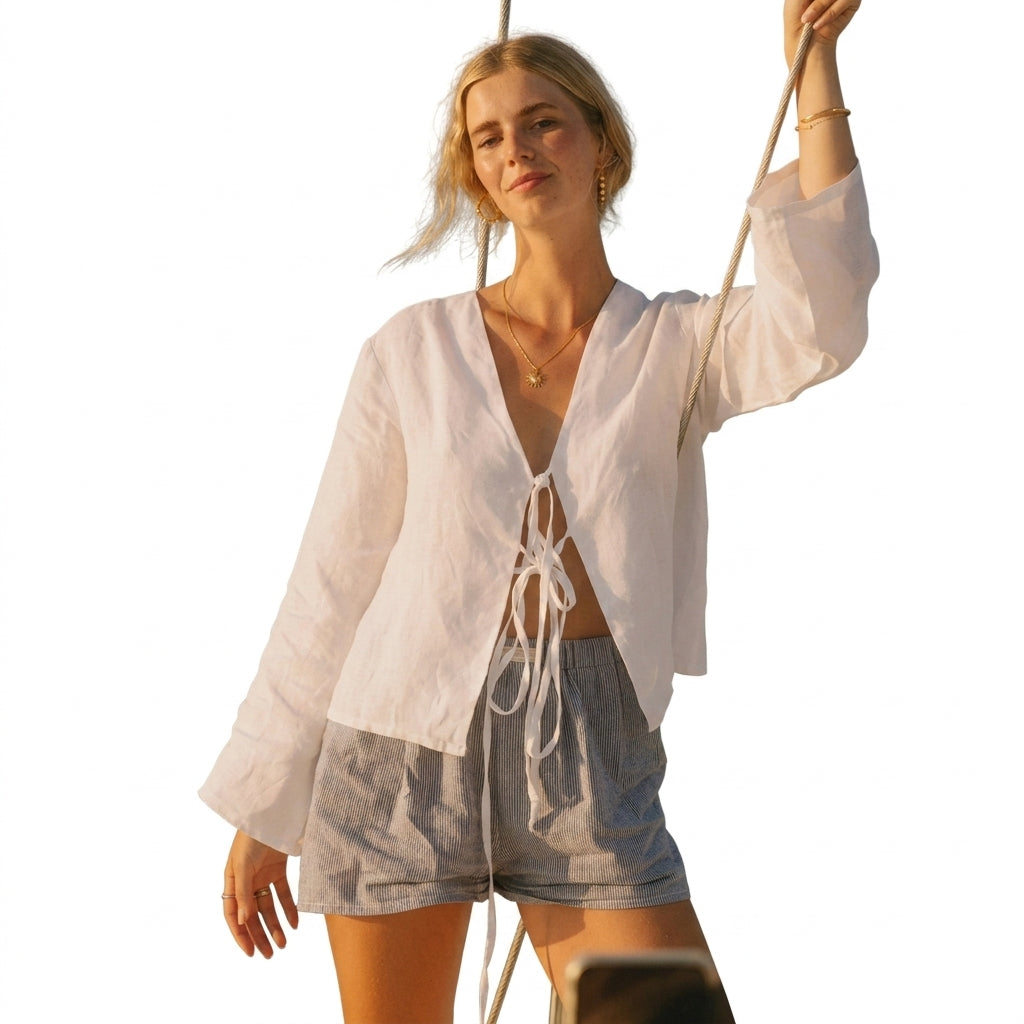 Damska bluzka typu crop top z wiązaniem z przodu i rozszerzanymi rękawami-Blouses for Women-Olave
