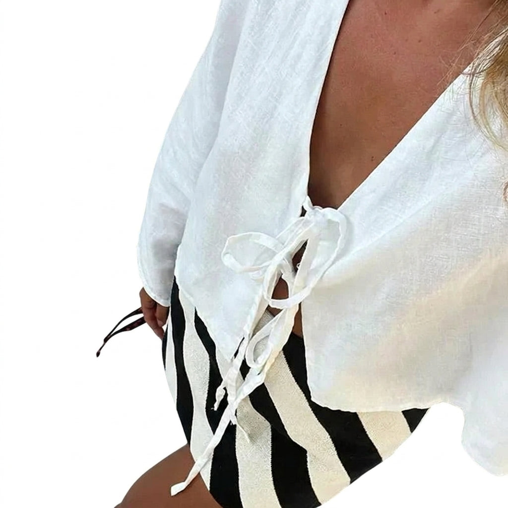 Damska bluzka typu crop top z wiązaniem z przodu i rozszerzanymi rękawami-Blouses for Women-Olave