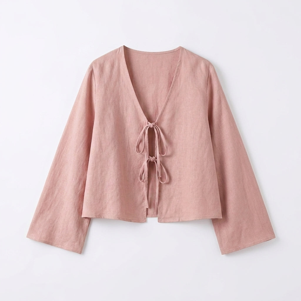 Damska bluzka typu crop top z wiązaniem z przodu i rozszerzanymi rękawami-Blouses for Women-Olave