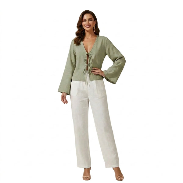 Damska bluzka typu crop top z wiązaniem z przodu i rozszerzanymi rękawami-Blouses for Women-Olave