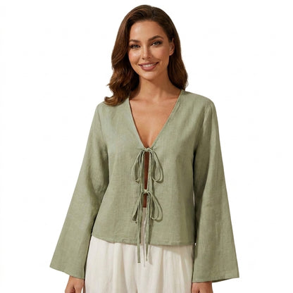 Damska bluzka typu crop top z wiązaniem z przodu i rozszerzanymi rękawami-Blouses for Women-Olave