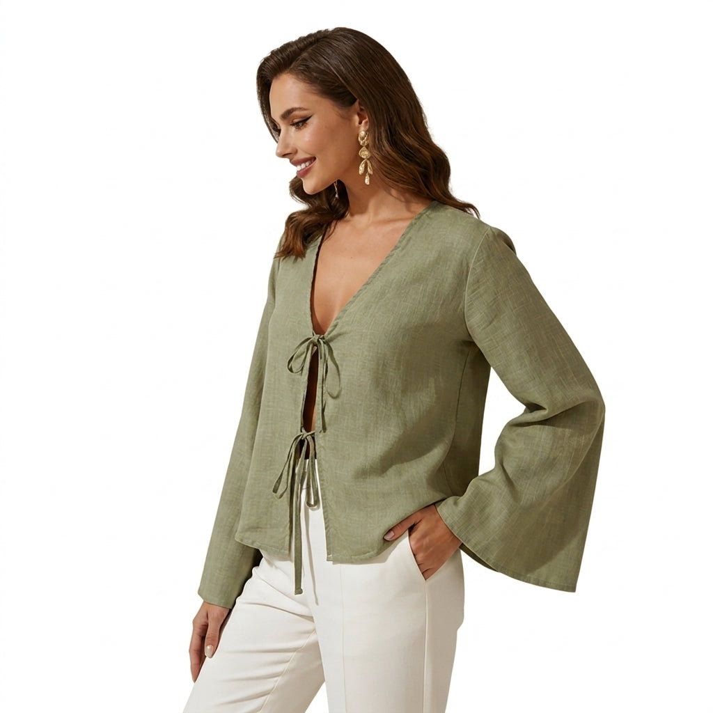 Damska bluzka typu crop top z wiązaniem z przodu i rozszerzanymi rękawami-Blouses for Women-Olave