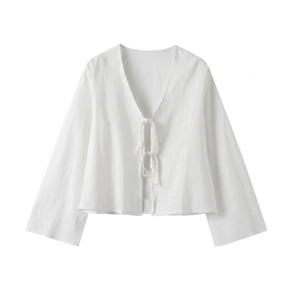 Damska bluzka typu crop top z wiązaniem z przodu i rozszerzanymi rękawami-Blouses for Women-Olave