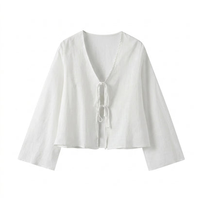 Damska bluzka typu crop top z wiązaniem z przodu i rozszerzanymi rękawami-Blouses for Women-Olave