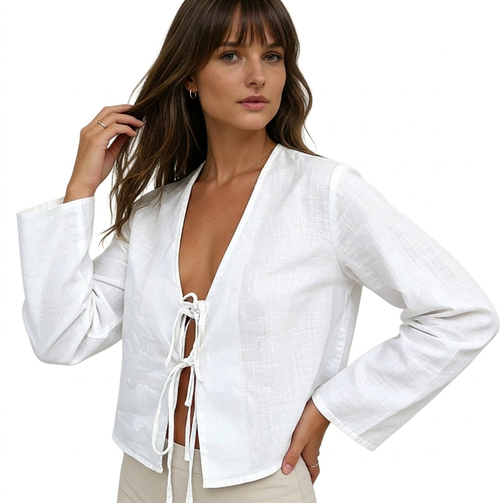 Damska bluzka typu crop top z wiązaniem z przodu i rozszerzanymi rękawami-Blouses for Women-Olave