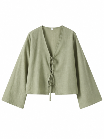 Damska bluzka typu crop top z wiązaniem z przodu i rozszerzanymi rękawami-Blouses for Women-Olave