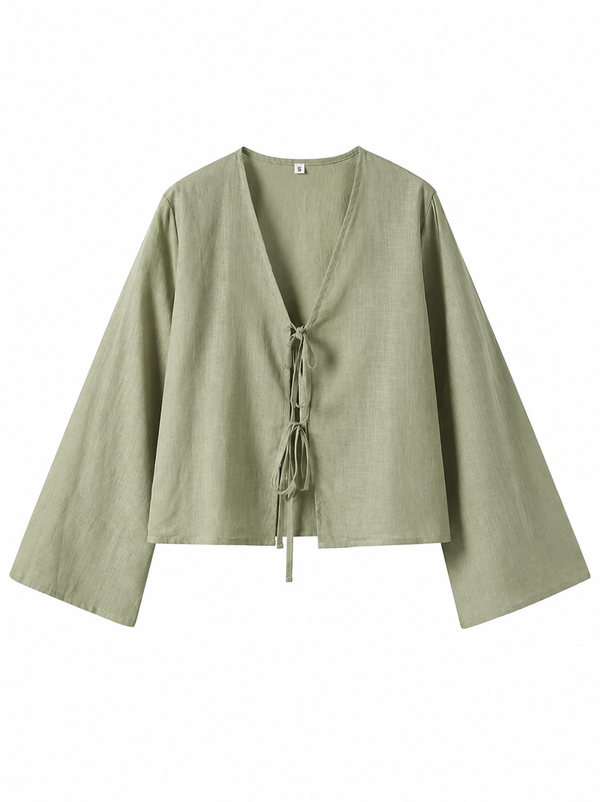 Damska bluzka typu crop top z wiązaniem z przodu i rozszerzanymi rękawami-Blouses for Women-Olave