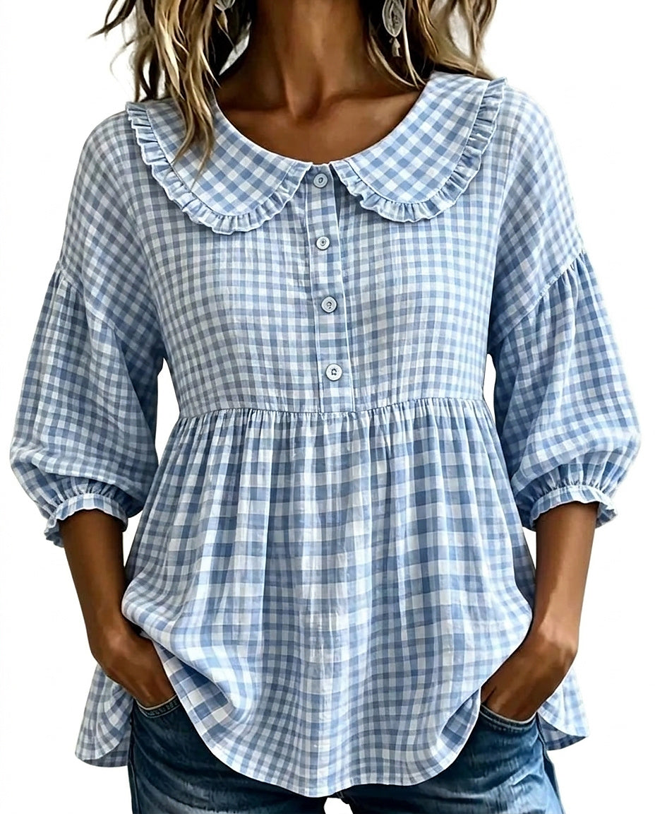Damska bluzka w kratę z kołnierzykiem typu Piotruś Pan-Blouses for women-Olave