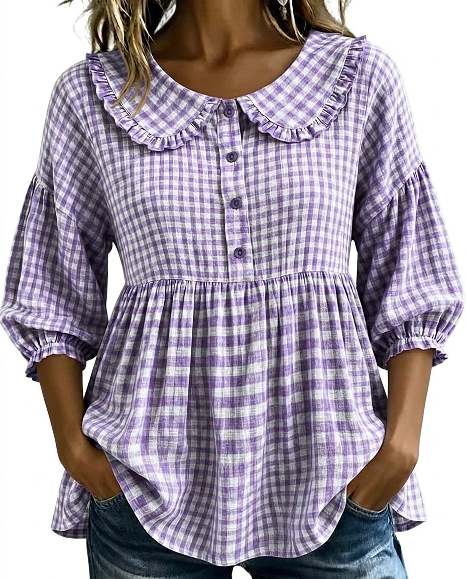 Damska bluzka w kratę z kołnierzykiem typu Piotruś Pan-Blouses for women-Olave