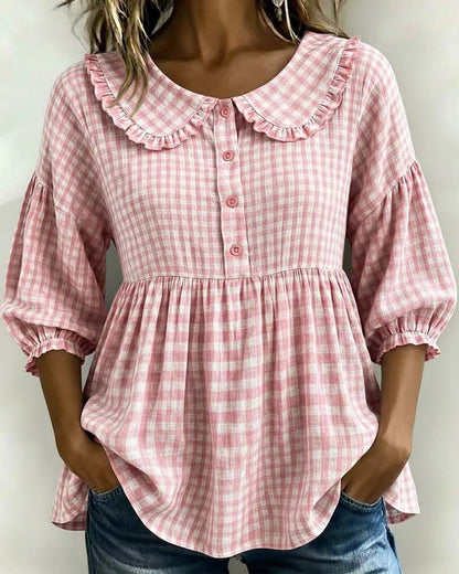 Damska bluzka w kratę z kołnierzykiem typu Piotruś Pan-Blouses for women-Olave