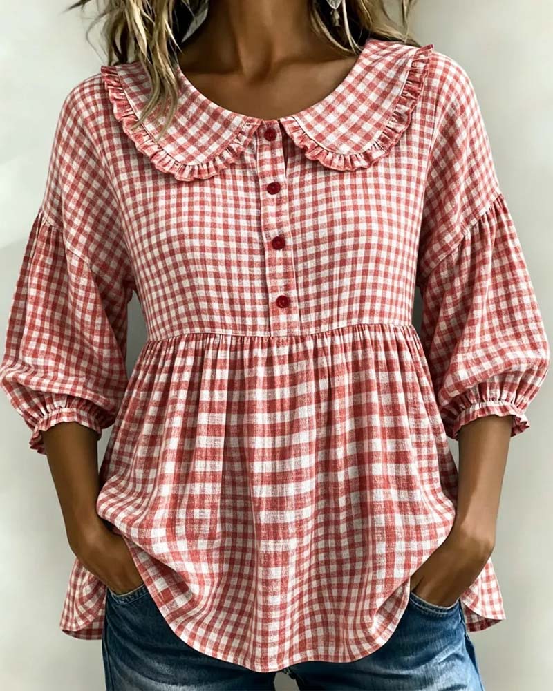 Damska bluzka w kratę z kołnierzykiem typu Piotruś Pan-Blouses for women-Olave