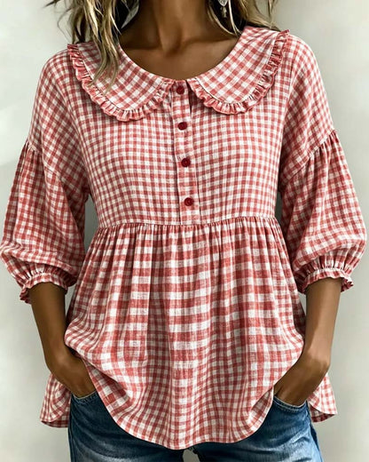 Damska bluzka w kratę z kołnierzykiem typu Piotruś Pan-Blouses for women-Olave