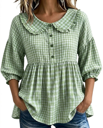 Damska bluzka w kratę z kołnierzykiem typu Piotruś Pan-Blouses for women-Olave