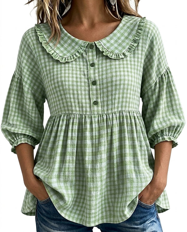 Damska bluzka w kratę z kołnierzykiem typu Piotruś Pan-Blouses for women-Olave