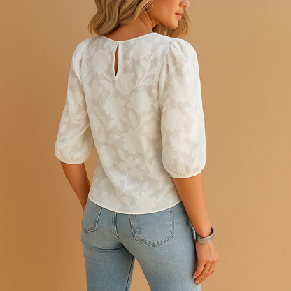 Damska bluzka w kwiaty z bufiastymi rękawami i okrągłym dekoltem-Blouses for women-Olave