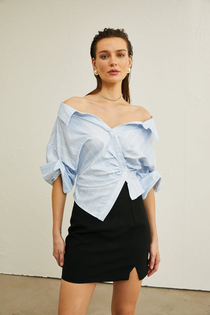 Damska bluzka w paski z odkrytymi ramionami i łańcuszkami-Blouses for women-Olave