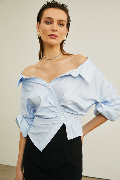 Damska bluzka w paski z odkrytymi ramionami i łańcuszkami-Blouses for women-Olave